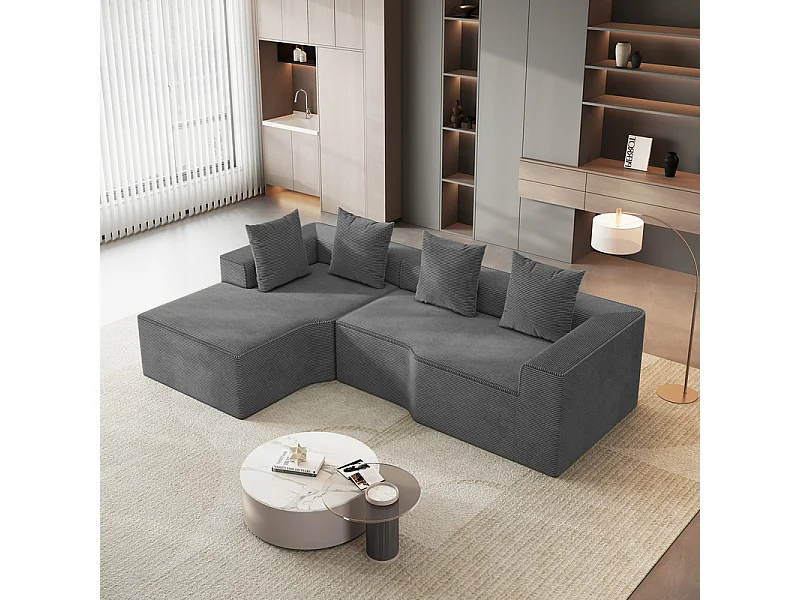 Canapé d'angle gauche modulable, velours côtelé, avec 4 oreillers et méridienne, 270x152x59cm, Gris