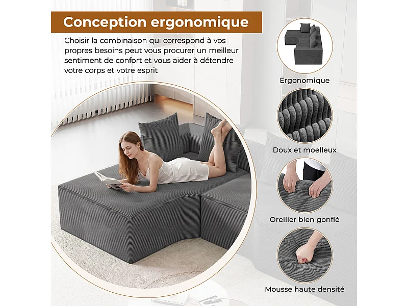 Canapé d'angle gauche modulable, velours côtelé, avec 4 oreillers et méridienne, 270x152x59cm, Gris