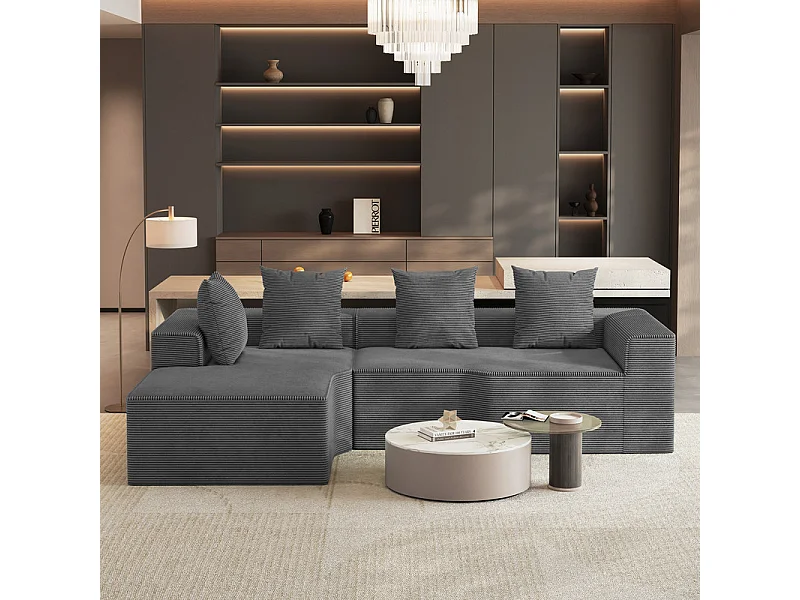 Canapé d'angle gauche modulable, velours côtelé, avec 4 oreillers et méridienne, 270x152x59cm, Gris