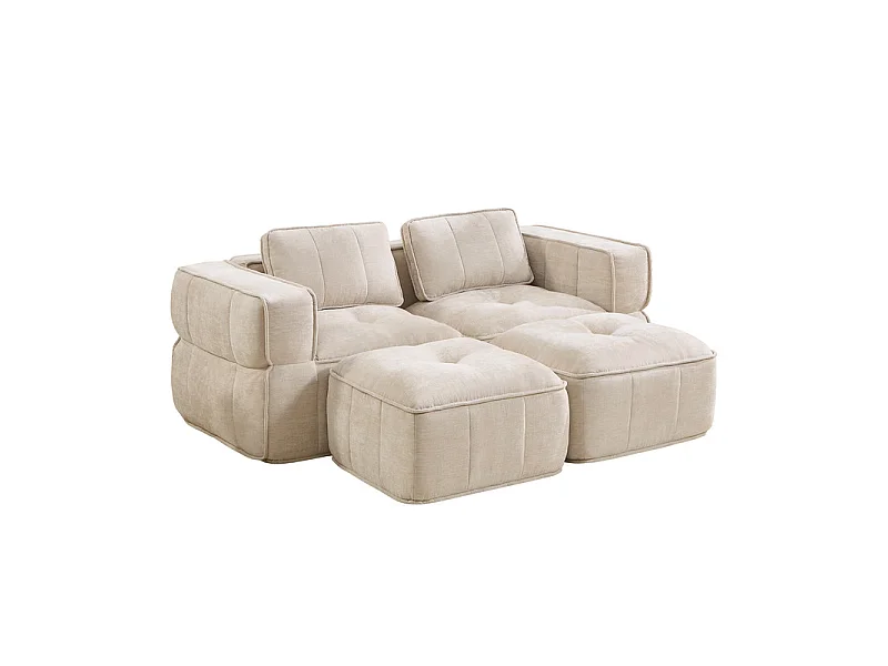 Modulaire hoekbank in stof, 2-zits, met 2 poefs, 198x162x67cm, Beige