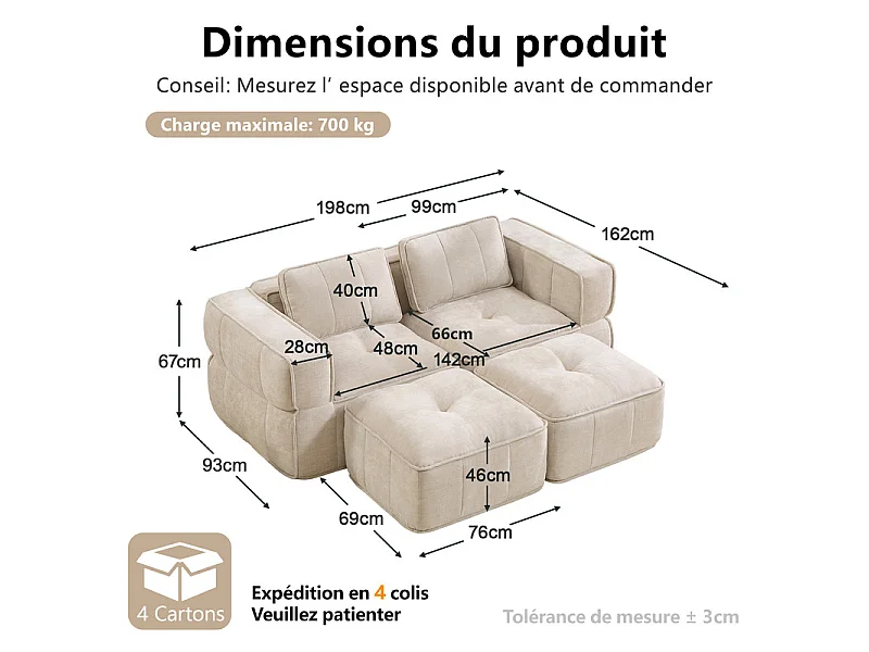 Modulaire hoekbank in stof, 2-zits, met 2 poefs, 198x162x67cm, Beige