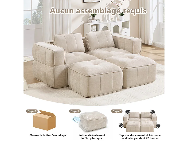 Modulaire hoekbank in stof, 2-zits, met 2 poefs, 198x162x67cm, Beige