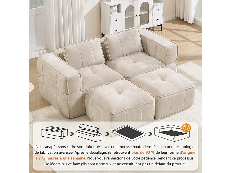 Modulaire hoekbank in stof, 2-zits, met 2 poefs, 198x162x67cm, Beige