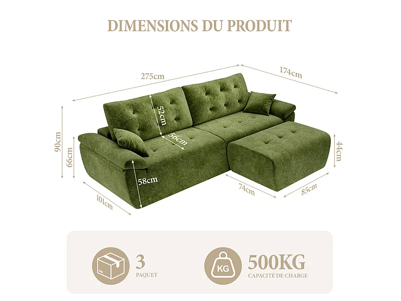 Canapé d'angle modulable en tissu chenille, 3/4 places, avec pouf et 2 oreillers, 275x174x90cm, Vert