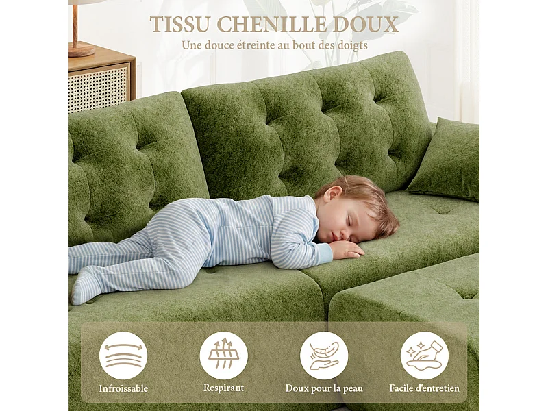 Canapé d'angle modulable en tissu chenille, 3/4 places, avec pouf et 2 oreillers, 275x174x90cm, Vert