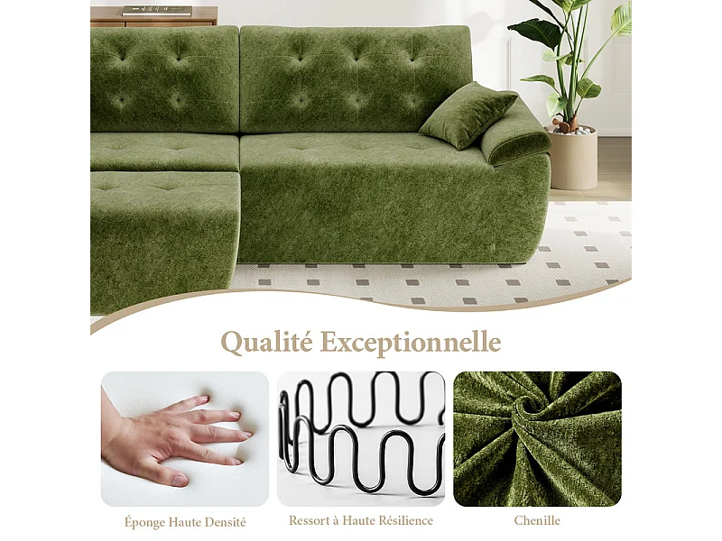 Canapé d'angle modulable en tissu chenille, 3/4 places, avec pouf et 2 oreillers, 275x174x90cm, Vert