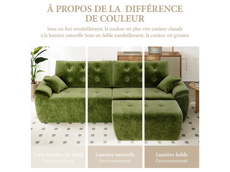 Canapé d'angle modulable en tissu chenille, 3/4 places, avec pouf et 2 oreillers, 275x174x90cm, Vert