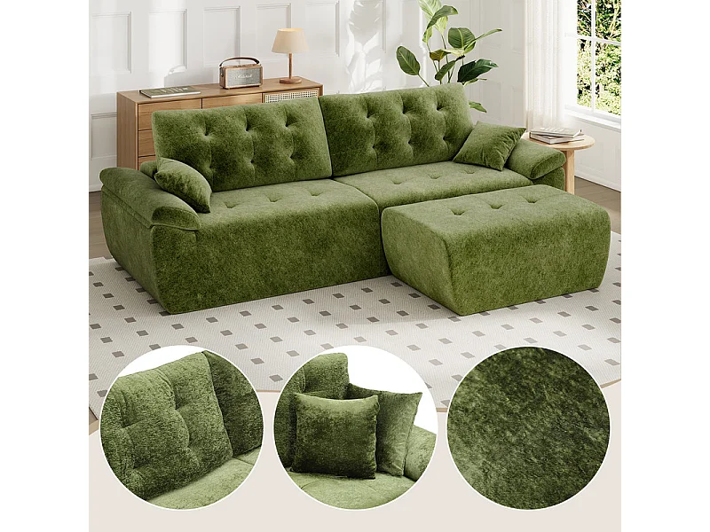 Canapé d'angle modulable en tissu chenille, 3/4 places, avec pouf et 2 oreillers, 275x174x90cm, Vert
