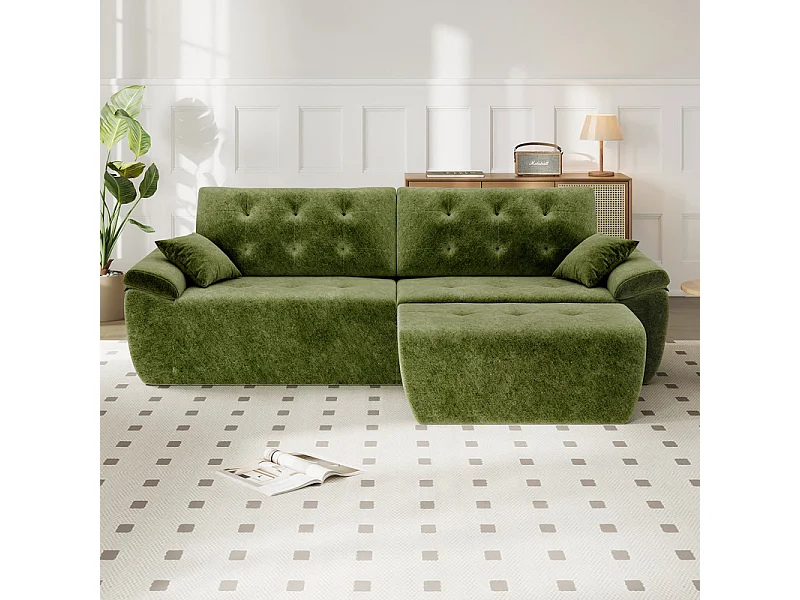 Canapé d'angle modulable en tissu chenille, 3/4 places, avec pouf et 2 oreillers, 275x174x90cm, Vert