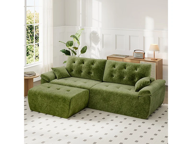 Canapé d'angle modulable en tissu chenille, 3/4 places, avec pouf et 2 oreillers, 275x174x90cm, Vert