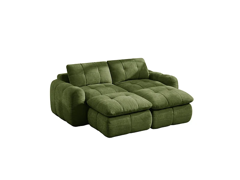 Sofá 2 plazas esquinero modular en tela chenilla, con 2 puf, 194x160x68cm, Verde
