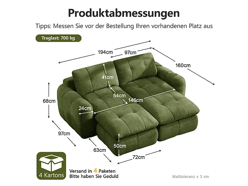 Sofá 2 plazas esquinero modular en tela chenilla, con 2 puf, 194x160x68cm, Verde
