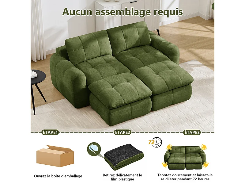 Sofá 2 plazas esquinero modular en tela chenilla, con 2 puf, 194x160x68cm, Verde