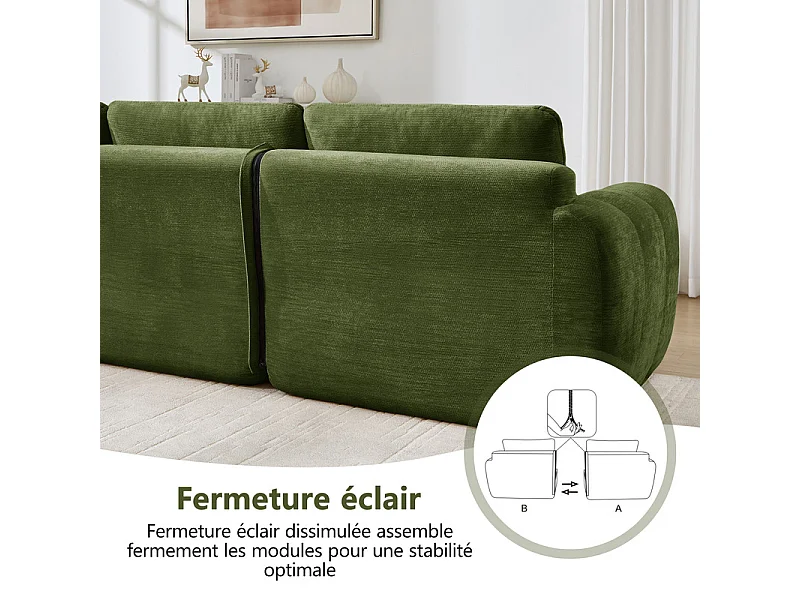 Sofá 2 plazas esquinero modular en tela chenilla, con 2 puf, 194x160x68cm, Verde