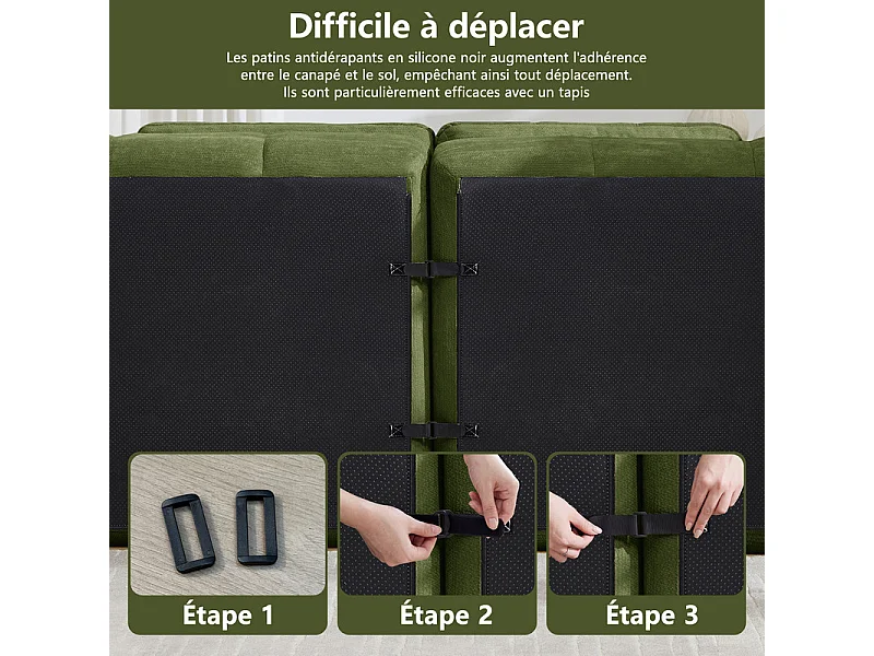 Sofá 2 plazas esquinero modular en tela chenilla, con 2 puf, 194x160x68cm, Verde