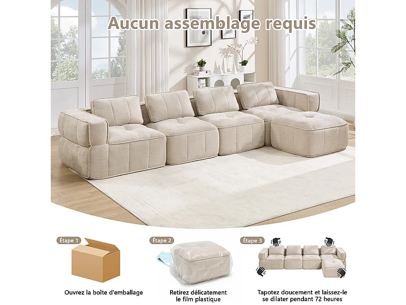 Sofá esquinero modular en tela, 4 plazas, con puf, 344x162x67cm, Beige