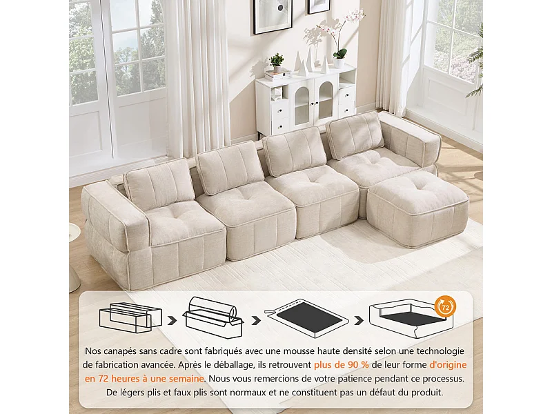 Sofá esquinero modular en tela, 4 plazas, con puf, 344x162x67cm, Beige