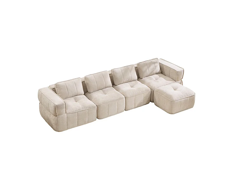 Sofá esquinero modular en tela, 4 plazas, con puf, 344x162x67cm, Beige