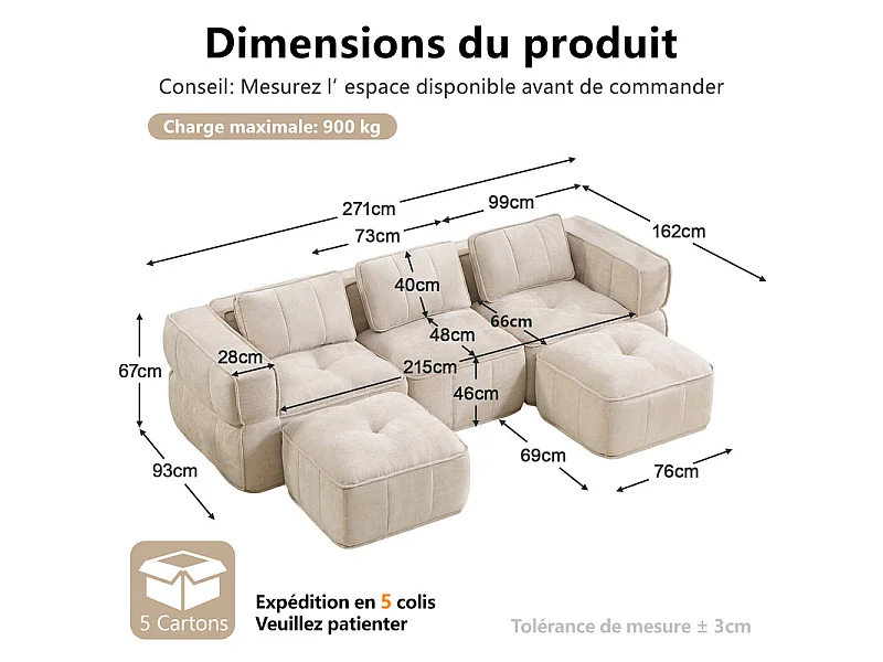 Sofá esquinero panorámico modular en tela, 3 plazas, con 2 puf, 271x162x67cm, Beige