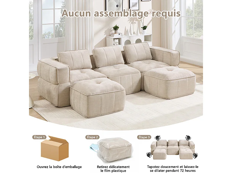 Sofá esquinero panorámico modular en tela, 3 plazas, con 2 puf, 271x162x67cm, Beige