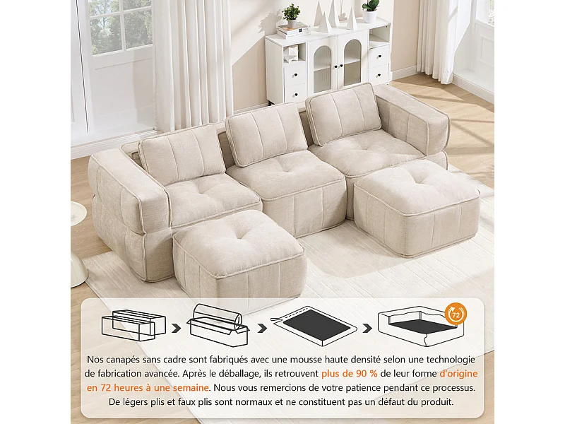 Sofá esquinero panorámico modular en tela, 3 plazas, con 2 puf, 271x162x67cm, Beige