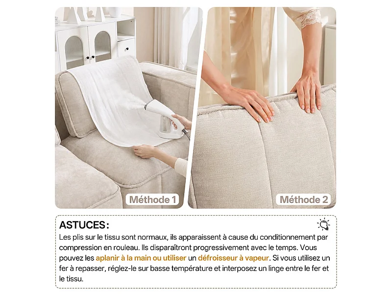 Sofá esquinero panorámico modular en tela, 3 plazas, con 2 puf, 271x162x67cm, Beige