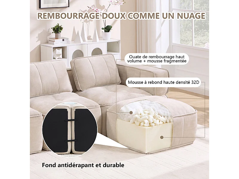 Sofá esquinero panorámico modular en tela, 3 plazas, con 2 puf, 271x162x67cm, Beige