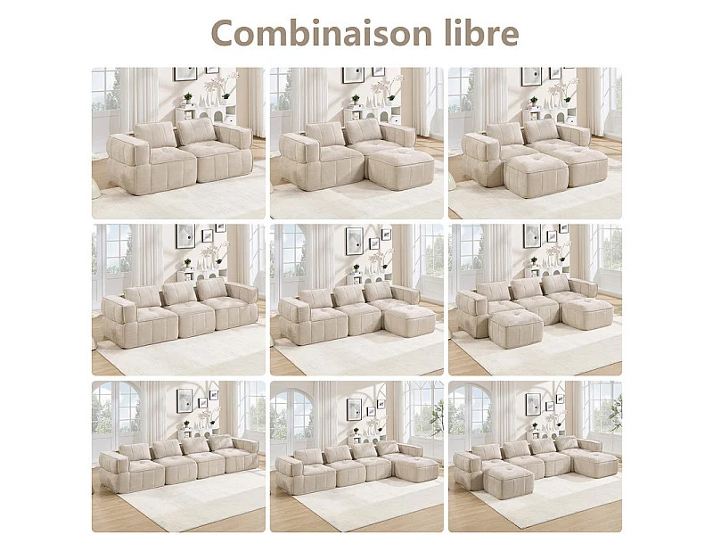 Sofá esquinero panorámico modular en tela, 3 plazas, con 2 puf, 271x162x67cm, Beige