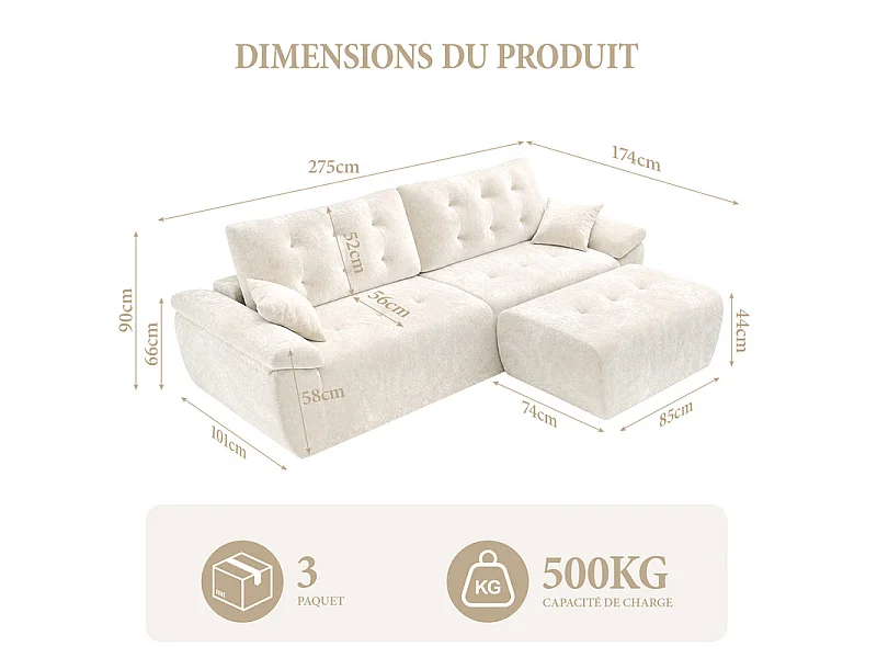 Canapé d'angle modulable en tissu chenille, 3/4 places, avec pouf et 2 oreillers, 275x174x90cm, Beige
