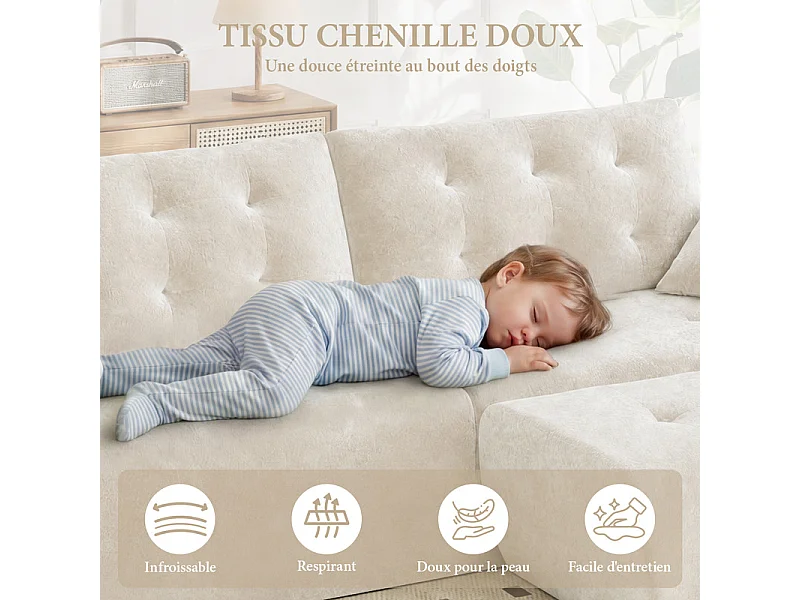 Canapé d'angle modulable en tissu chenille, 3/4 places, avec pouf et 2 oreillers, 275x174x90cm, Beige