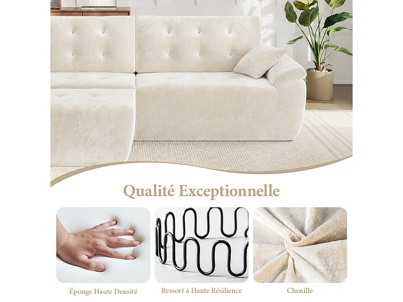 Canapé d'angle modulable en tissu chenille, 3/4 places, avec pouf et 2 oreillers, 275x174x90cm, Beige
