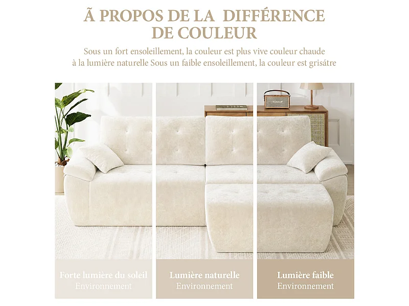 Canapé d'angle modulable en tissu chenille, 3/4 places, avec pouf et 2 oreillers, 275x174x90cm, Beige