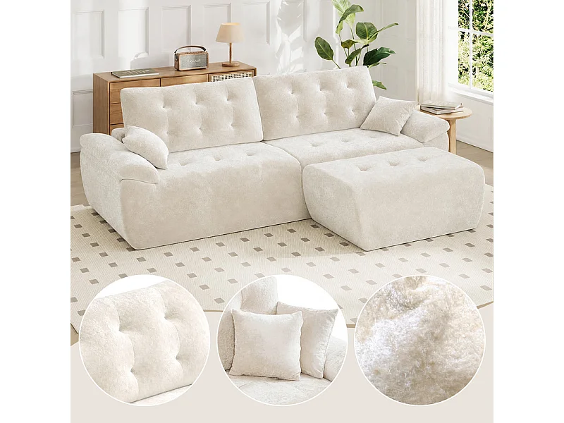 Canapé d'angle modulable en tissu chenille, 3/4 places, avec pouf et 2 oreillers, 275x174x90cm, Beige