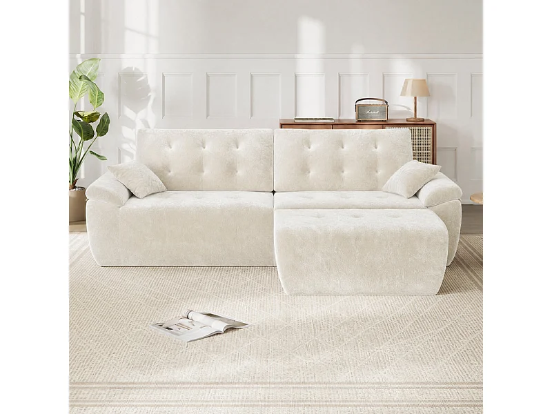 Canapé d'angle modulable en tissu chenille, 3/4 places, avec pouf et 2 oreillers, 275x174x90cm, Beige