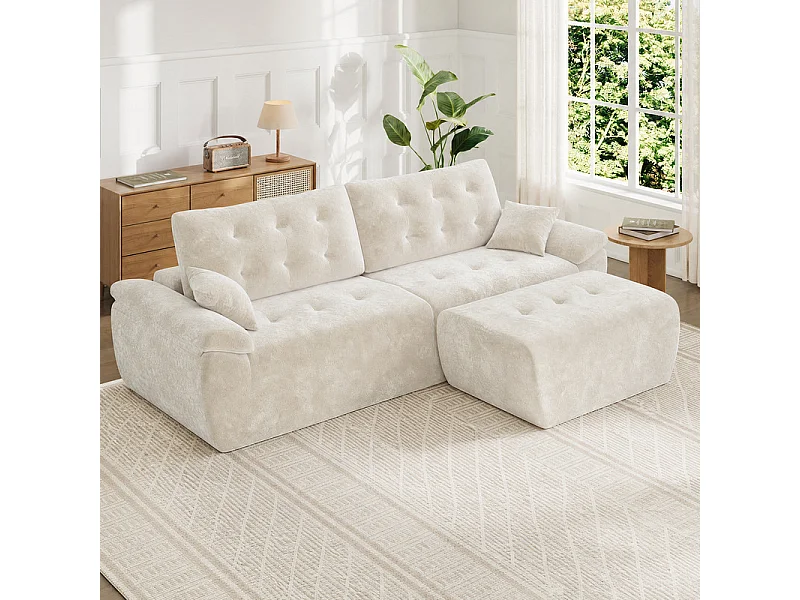 Canapé d'angle modulable en tissu chenille, 3/4 places, avec pouf et 2 oreillers, 275x174x90cm, Beige