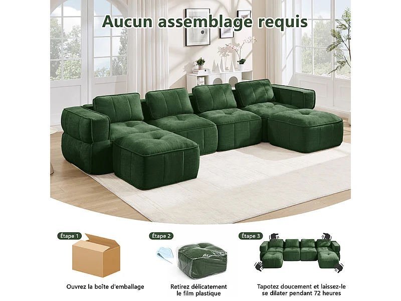 Sofá esquinero panorámico modular en tela, 4 plazas, con 2 puf, 344x162x67cm, Verde