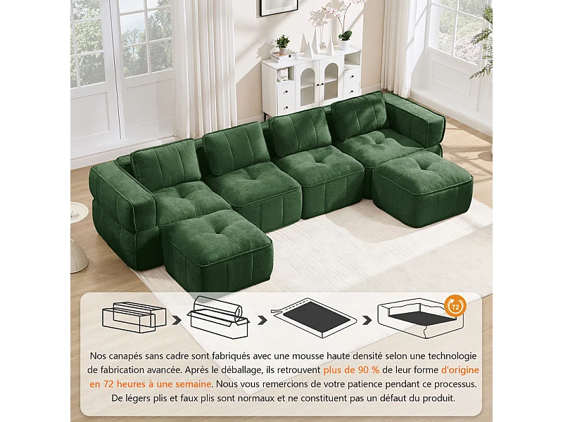 Sofá esquinero panorámico modular en tela, 4 plazas, con 2 puf, 344x162x67cm, Verde