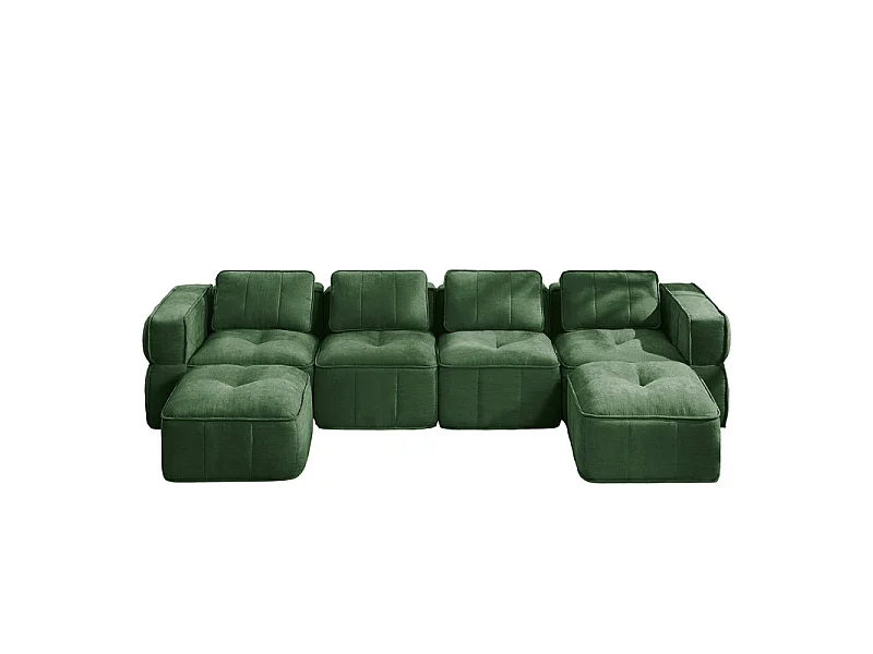 Sofá esquinero panorámico modular en tela, 4 plazas, con 2 puf, 344x162x67cm, Verde