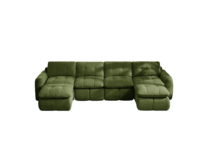Sofá esquinero panorámico modular en tela chenilla, con 2 puf, 334x160x68cm, Verde