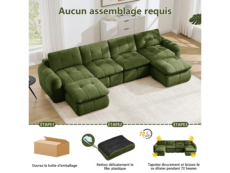 Sofá esquinero panorámico modular en tela chenilla, con 2 puf, 334x160x68cm, Verde