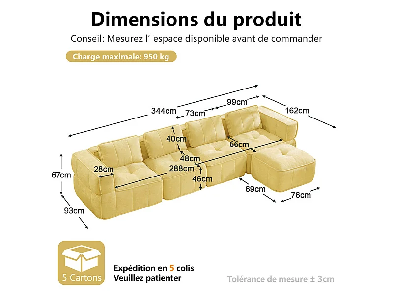 Canapé d'angle modulable en tissu, 4 places, avec pouf, 344x162x67cm, Jaune