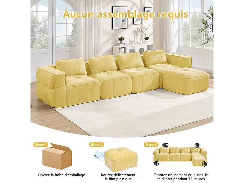 Canapé d'angle modulable en tissu, 4 places, avec pouf, 344x162x67cm, Jaune