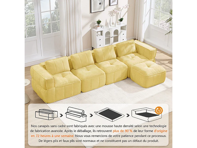Canapé d'angle modulable en tissu, 4 places, avec pouf, 344x162x67cm, Jaune