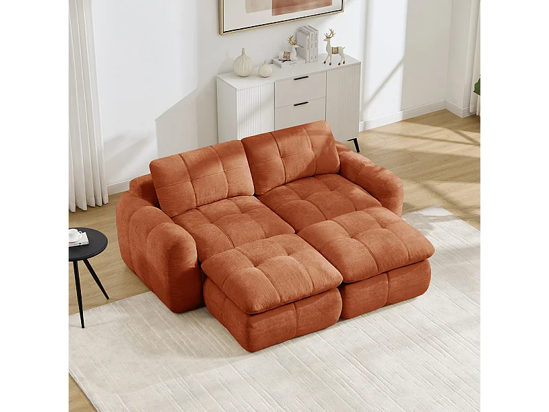Sofá 2 plazas esquinero modular en tela chenilla, con 2 puf, 194x160x68cm, Naranja