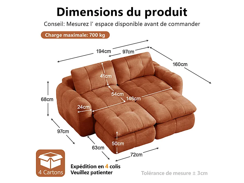 Sofá 2 plazas esquinero modular en tela chenilla, con 2 puf, 194x160x68cm, Naranja