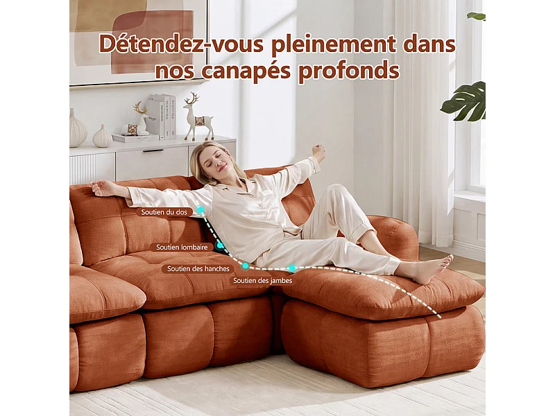 Sofá 2 plazas esquinero modular en tela chenilla, con 2 puf, 194x160x68cm, Naranja