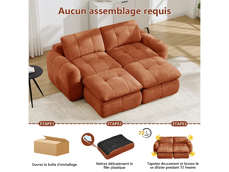 Sofá 2 plazas esquinero modular en tela chenilla, con 2 puf, 194x160x68cm, Naranja