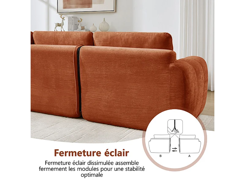 Sofá 2 plazas esquinero modular en tela chenilla, con 2 puf, 194x160x68cm, Naranja