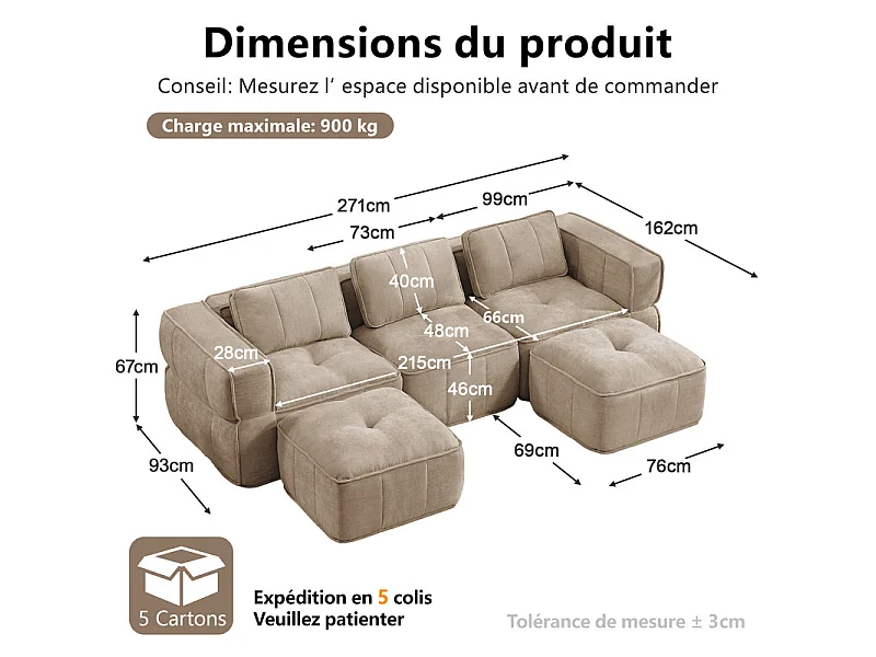 Modulaire panoramische hoekbank in stof, 3-zits, met 2 poefs, 271x162x67cm, Bruin
