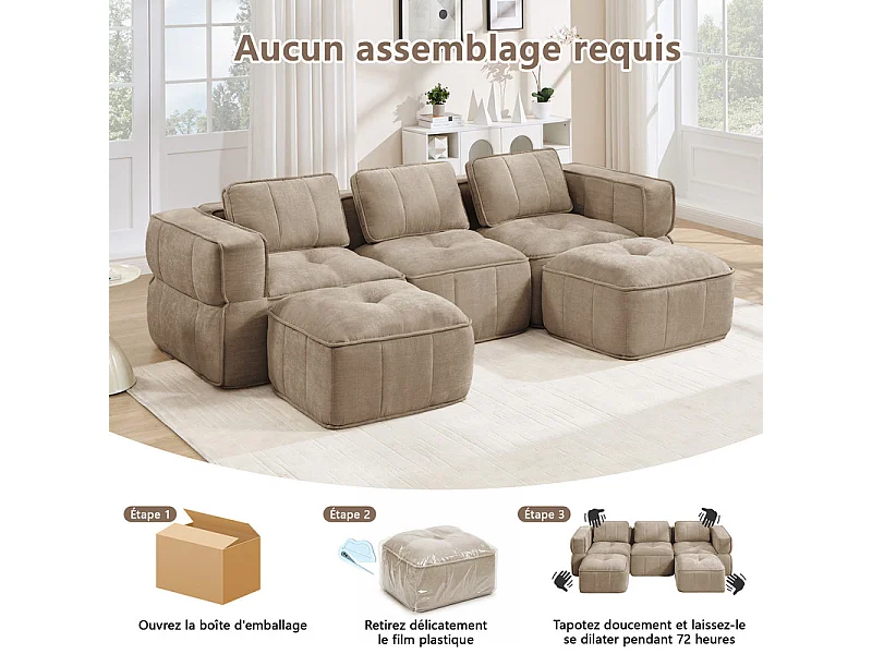Modulaire panoramische hoekbank in stof, 3-zits, met 2 poefs, 271x162x67cm, Bruin